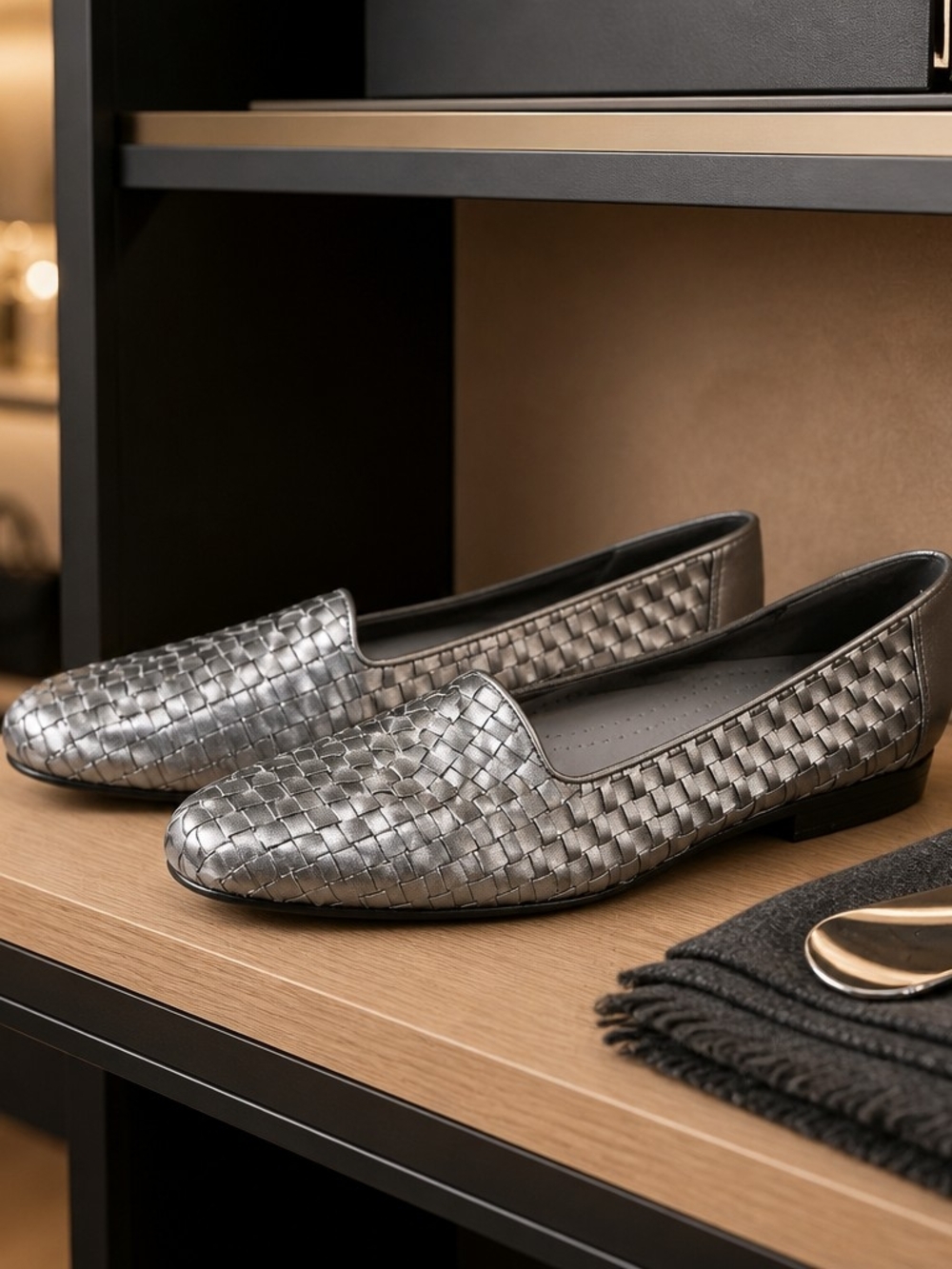 Trotters Silver Woven Leather Loafers
